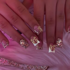 French-Tip Gold Bow Sparkle Duck Press-On Nails YZ28