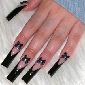 Extra-Long Black French Bow Press-On Nails SGCY-426