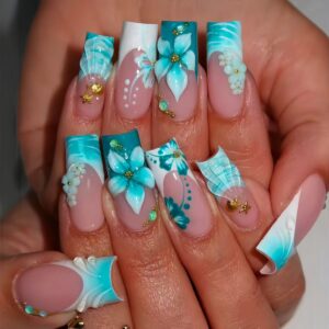 Rhinestone Floral Water Ripple Square Press-On Nails FF31