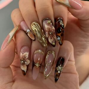 Gold 3D Ripple Flower Stiletto Press-On Nails AS60