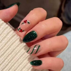 Christmas Dark Green Berry Stripe Press-On Nails XZ116