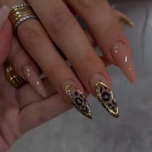 Leopard Gold-Stripe Almond Press-On Nails XX18