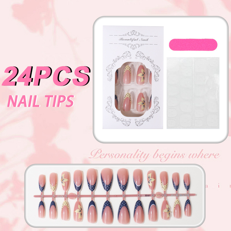 3D Press-On Nails TY-1035 – Blue Polka Dot French, 24Pcs
