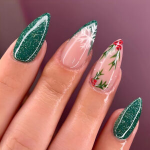 Christmas Green French Snowflake Shimmer Press-On Nails – Y-399