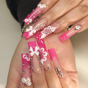 Pink French Rhinestone Bow Coffin Press-On Nails – SGCY-382