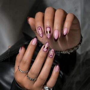 Wine Red French Bow Star Almond Press-On Nails XZ102