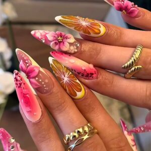 Summer Floral Pink Orange Gradient Stiletto Press-On Nails XZ84