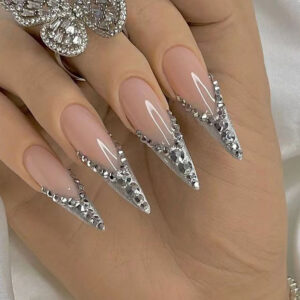 Bridal French Crushed-Diamond Shimmer Long Press-On Nails – CJCY-135