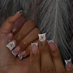 Pink French Zebra 3D Flower Press-On Nails XZ99