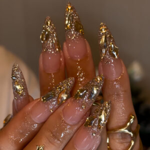 Bling Cat-Eye Almond Long Press-On Nails with Crushed Diamonds AA51