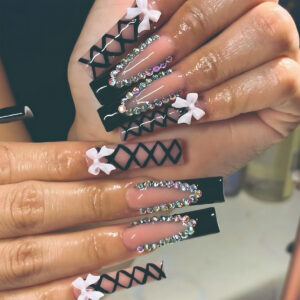 Black Bow Pearl Criss-Cross Coffin Press-On Nails – SGCY-447
