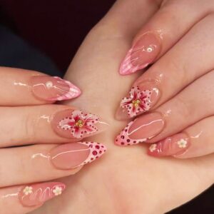 Leopard Gradient 3D Floral Almond Press-On Nails XZ95