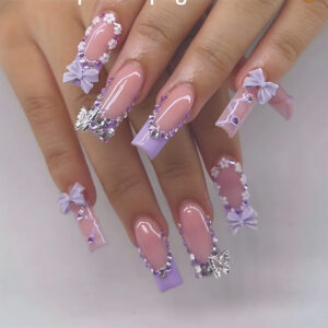 Long Tube Floral French Bow & Butterfly Rhinestone Press-On Nails – SGCY-460