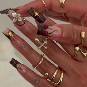 Cute Cherry & White Flower Square Press-On Nails with Rhinestones AA41
