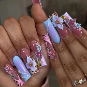 Blue Long Water-Drop Press-On Nails with Flowers & Star Rhinestones AS61