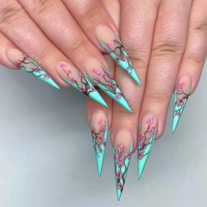 Tiffany Blue Plum Blossom Stiletto Press-On Nails – CJCY-61