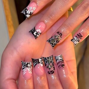 Leopard Cross Rhinestone Duck Press-On Nails YZ32