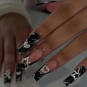 Black French Hearts & Stars Glitter Gothic Press-On Nails – SGCY-183