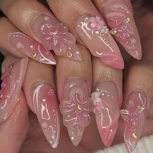 Almond 3D Flower & Butterfly Cute Press-On Nails – C137