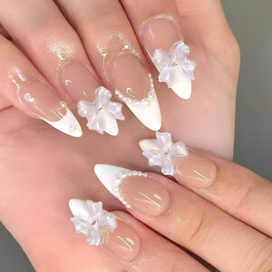 White French Pearl Bow Almond Press-On Nails – D-154