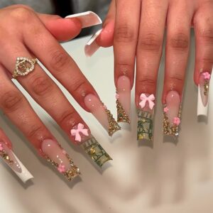 French White Edge Long Square Press-On Nails with Pink Bow AA150