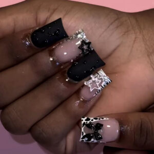 Duck Cow Print Black Bow Press-On Nails L7