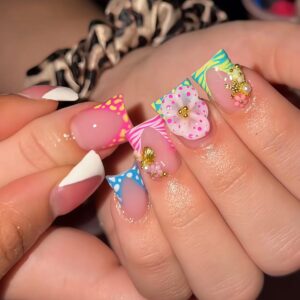 Y2K Color Block French 3D Flower Press-On Nails WW54