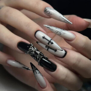 Black & White Goth Cross Rhinestone Stiletto Press-On Nails – CJCY-602