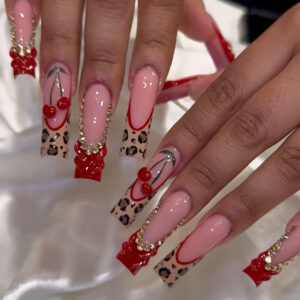 Red Leopard Cherry French Coffin Press-On Nails – SGCY-607