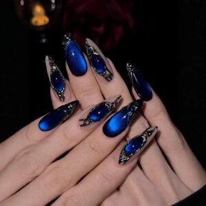 Sapphire Cat Eye Metal Charms Long Almond Press-On Nails XZ122