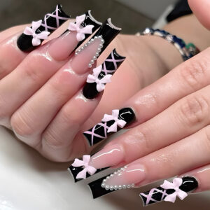 Black French Bow & Pearl Tube Press-On Nails SGCY-368