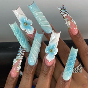 3D Floral Blue Line Crystal Press-On Nails – SGCY-526