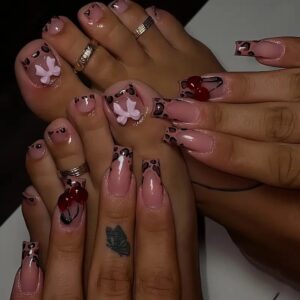 Leopard Cherry Bow Hand & Toe Press-On Nails AA236