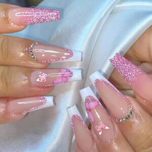 Long Ballet Pink Glitter French Butterfly Press-On Nails – CBLCY-379