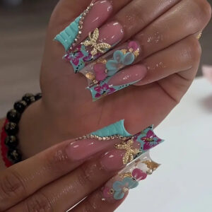 Gold Butterfly Flower Press-On Nails XXS226