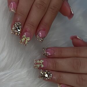 Gold Bow Rhinestone Short Square Press-On Nails FF09