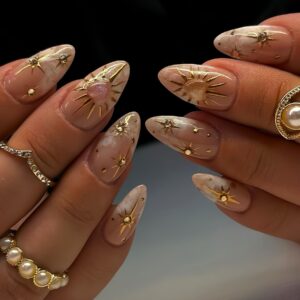 Gold Rhinestone Heart Almond Press-On Nails XX05