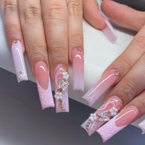 Gradient Floral Butterfly Coffin Press-On Nails – SGCY-221