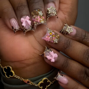 Leopard Bow Rhinestone Duck Press-On Nails FL52