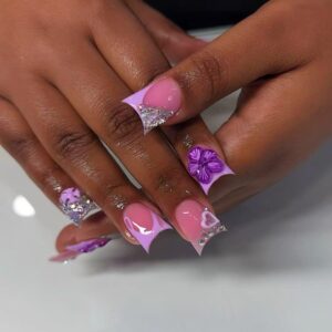 Dreamy Purple 3D Floral Glitter Press-On Nails YZ38