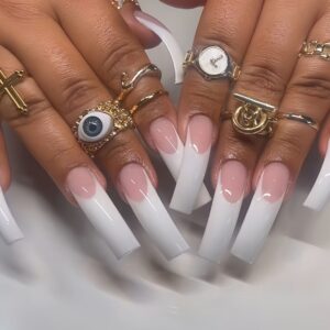 Curved Long Press-On Nails with Classic White French Tips (SG79)