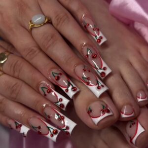 Square Press-On Nails with White French Tips and Cherry Art (YY07)