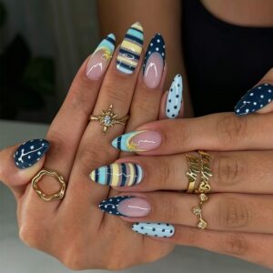 Colour-Block Stripe and Polka Dot Almond Press-On Nails 24 Piece Set JT-01-403