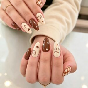 Brown Tartan Cat and Heart Almond Press-On Nails 24 Piece Set JT-01-427
