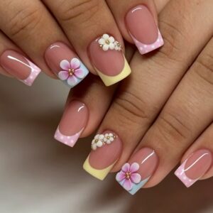 Pink Macaron French 3D Flower Short Square Press-On Nails 24 Piece Set JT-01-405