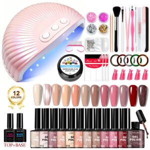 12-Color Complete Nail Kit - with Lamp, Gel Polish, Charms, Top Coat