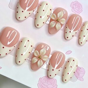 Pink White Polka Dot 3D Flower Almond Press-On Nails 30 Piece Set JT-01-456