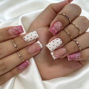 Square Pink Polka Dot and Floral Press-On Nails 24 Piece Set JT-01-147