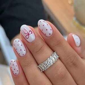 Short White Polka Dot Bow Press-On Nails 30 Piece Set JT-01-451