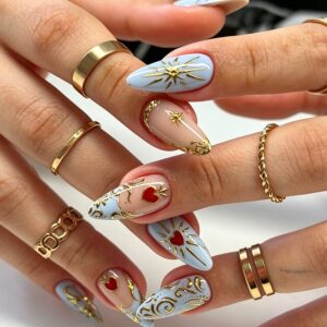 Blue Pink 3D Floral Heart Almond Press-On Nails 24 Piece Set JT-01-425